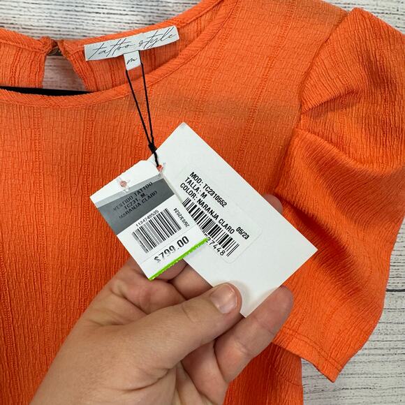 Tattoo Style Women's Orange Textured Puff Sleeve Mini Dress Size Medium - Picture 4 of 9